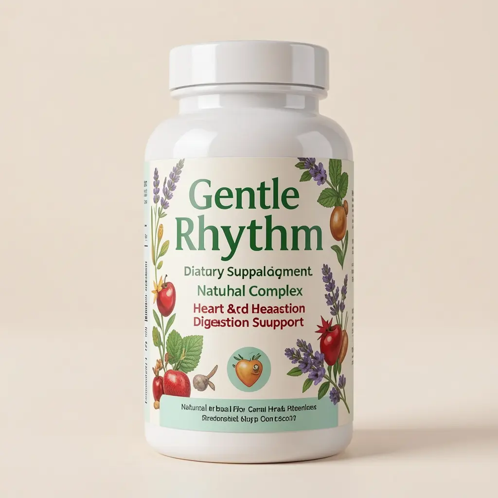 Gentle Rhythm dietary supplement bottle with natural herbal complex for heart and digestion support